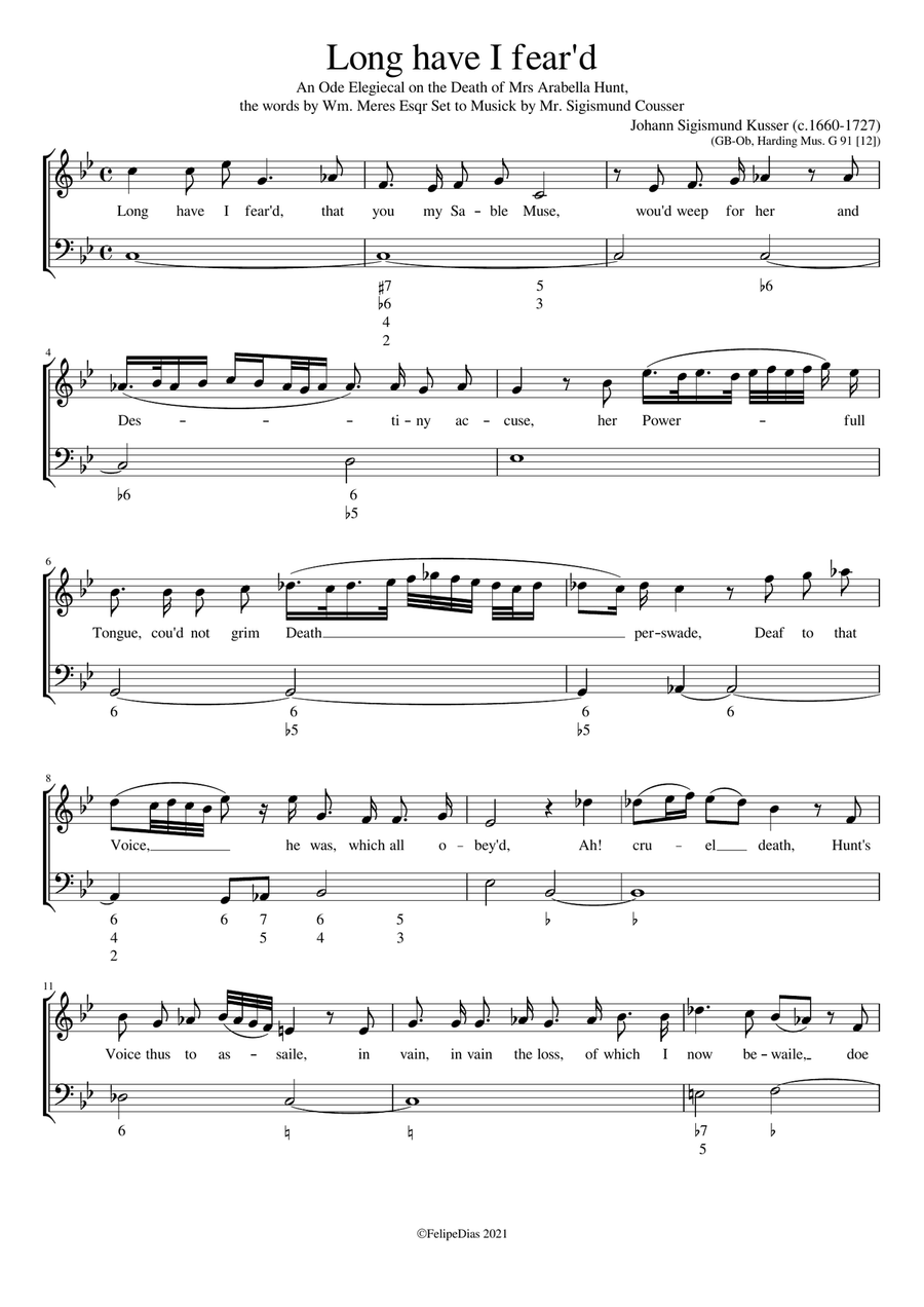 Long have I fear'd: An Ode Elegiecal on the death of Mrs Arabella Hunt Voice Solo scores gallery preview page 1