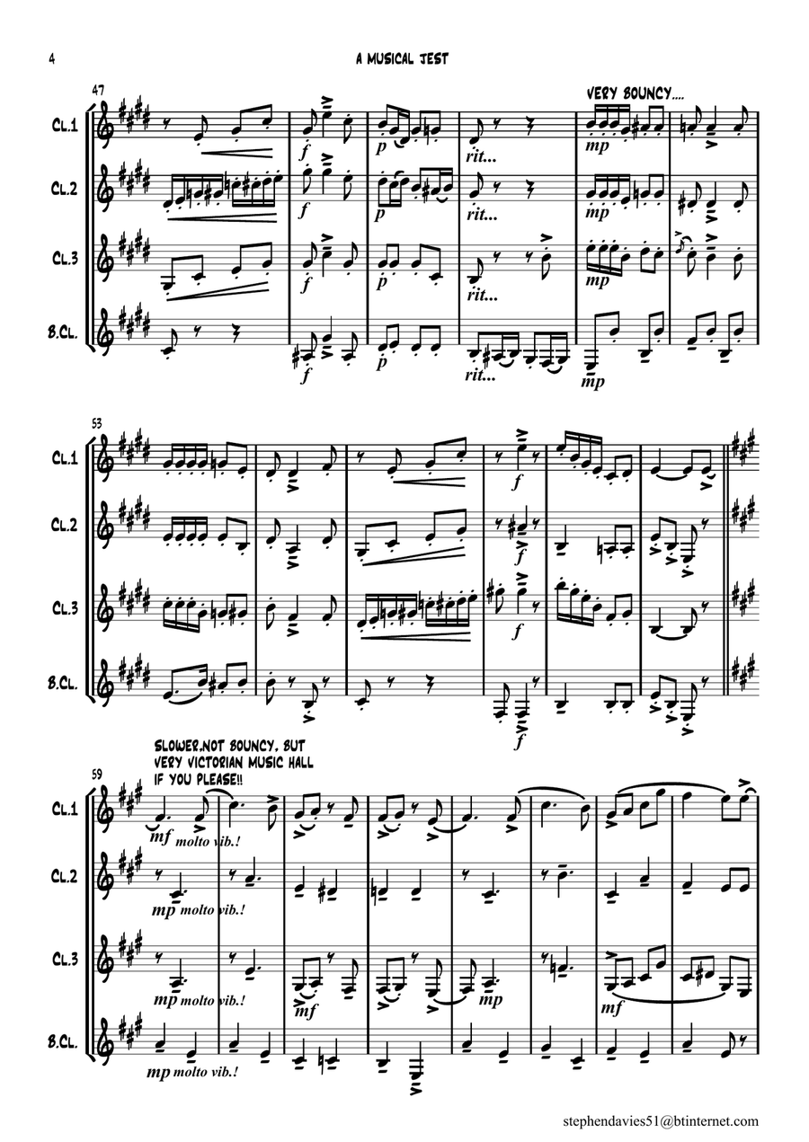 'A Musical Jest' By Alfredo D'ambrosio,Clarinet Quartet, a bit of fun for 4 players! Clarinet Quartet scores gallery preview page 4
