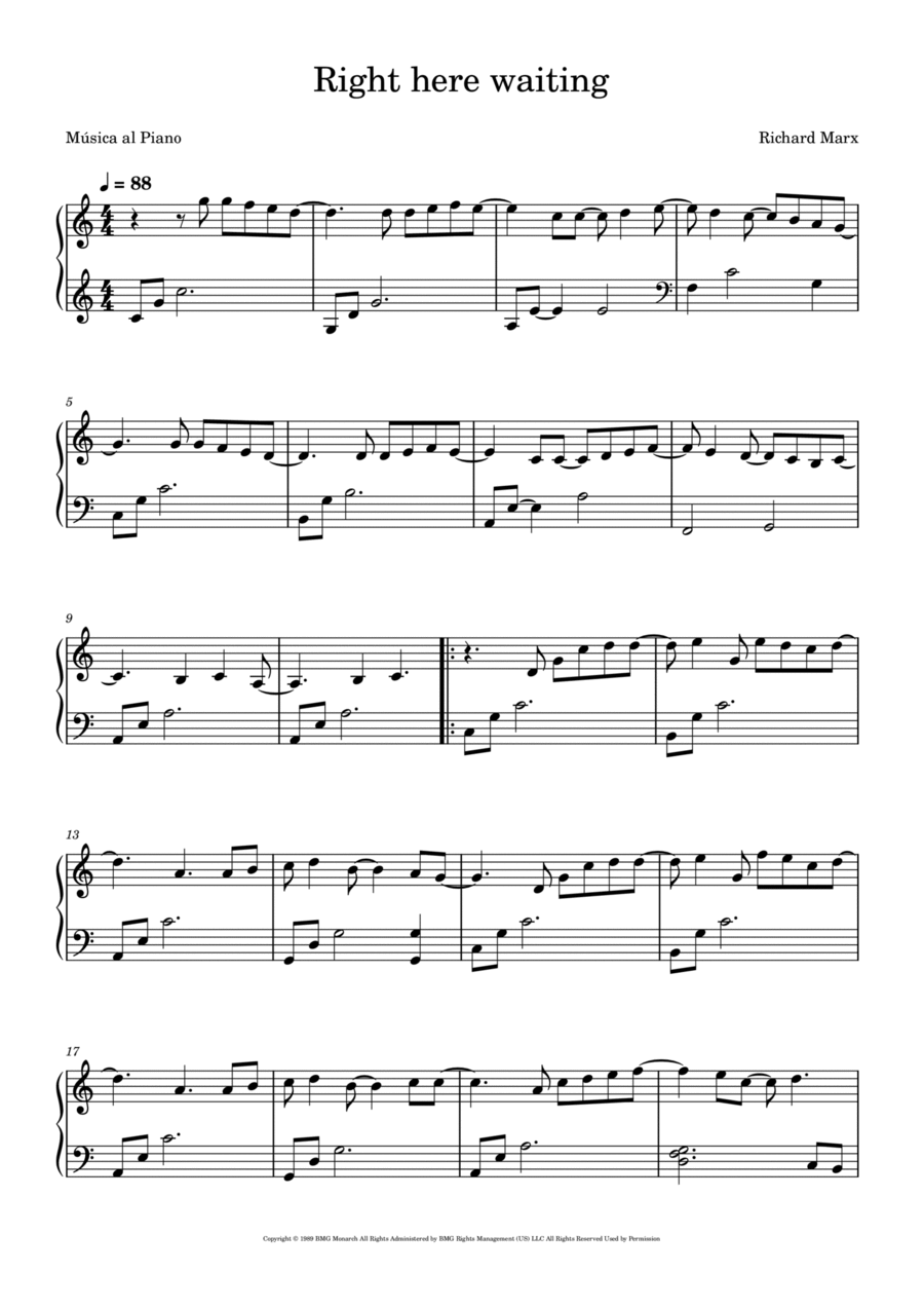 Right Here Waiting Easy Piano scores gallery preview page 1
