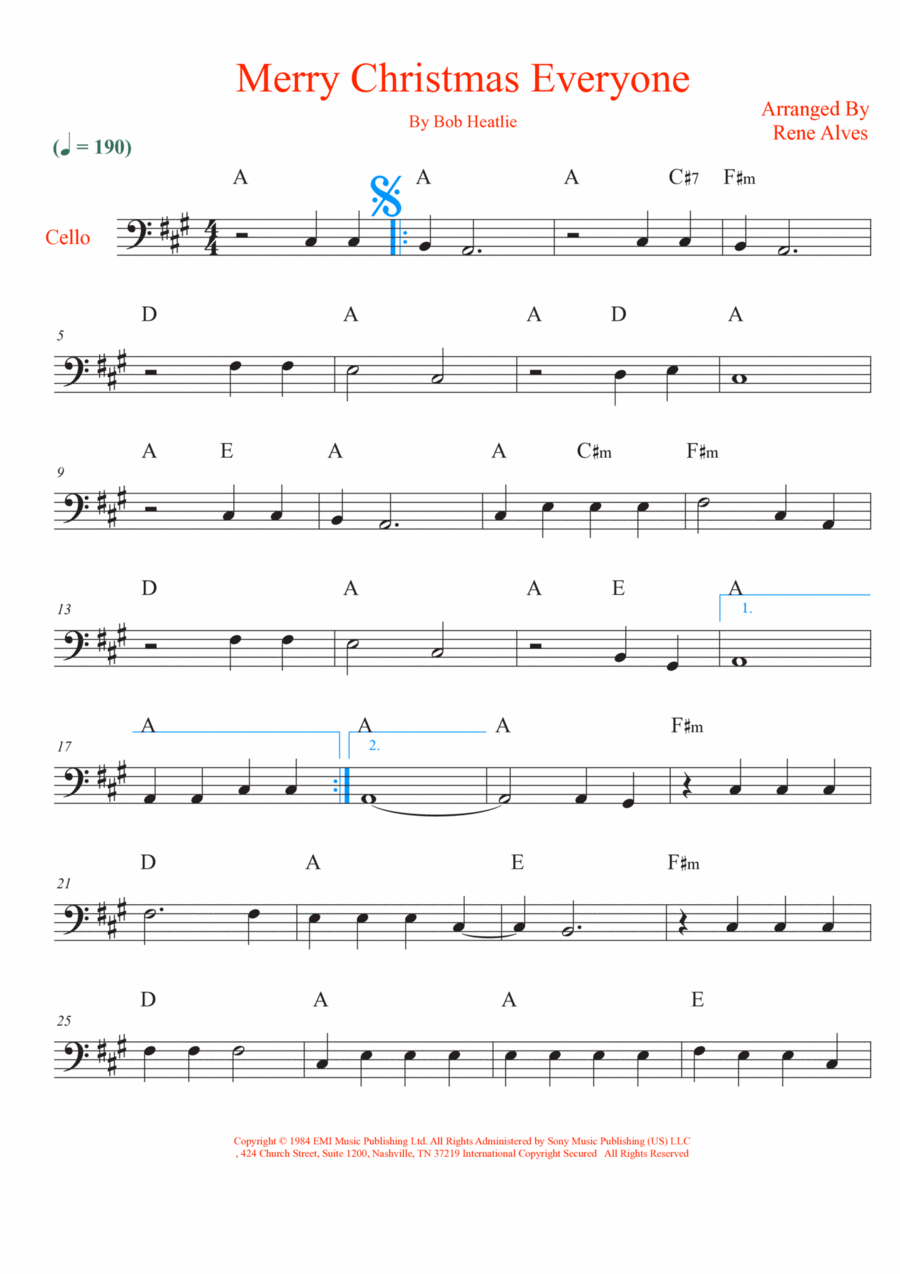 Merry Christmas Everyone Cello Solo scores gallery preview page 1