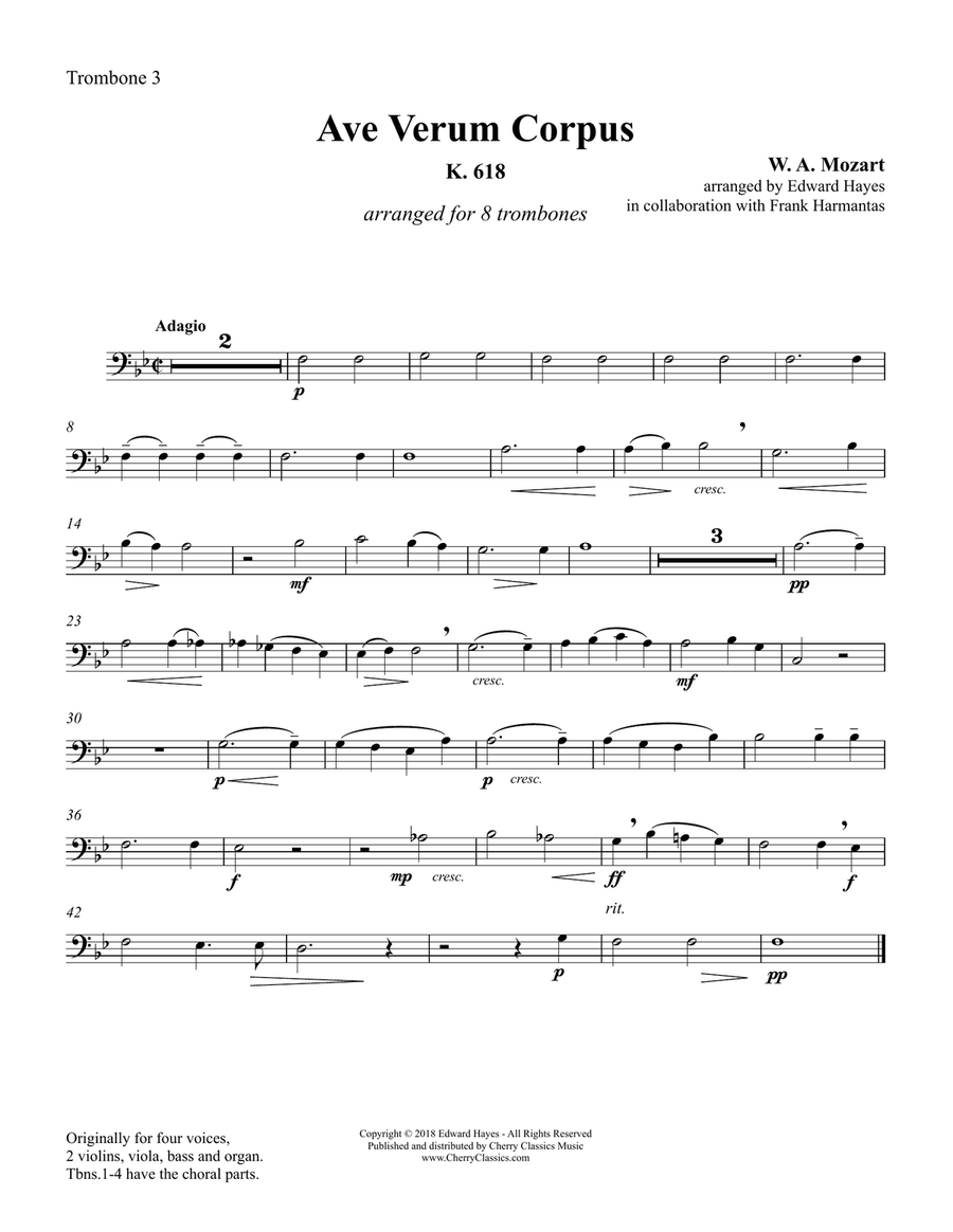 Ave Verum Corpus for 8 Trombones Brass Ensemble scores gallery preview page 6
