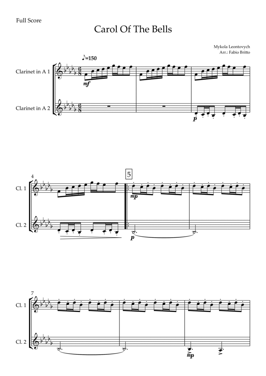 Carol Of The Bells (Mykola Leontovych) for Clarinet in A Duo image number null