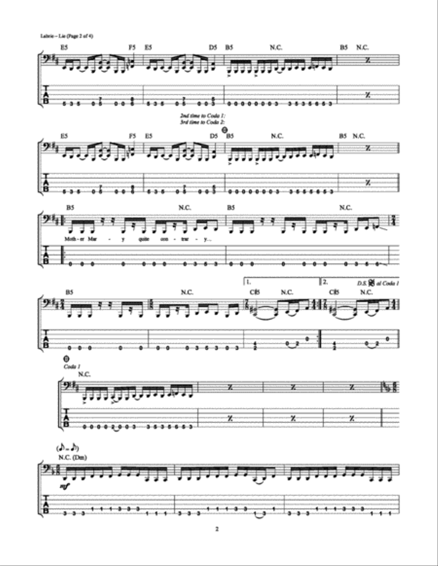 Lie Lie Bass Guitar Tablature scores gallery preview page 2