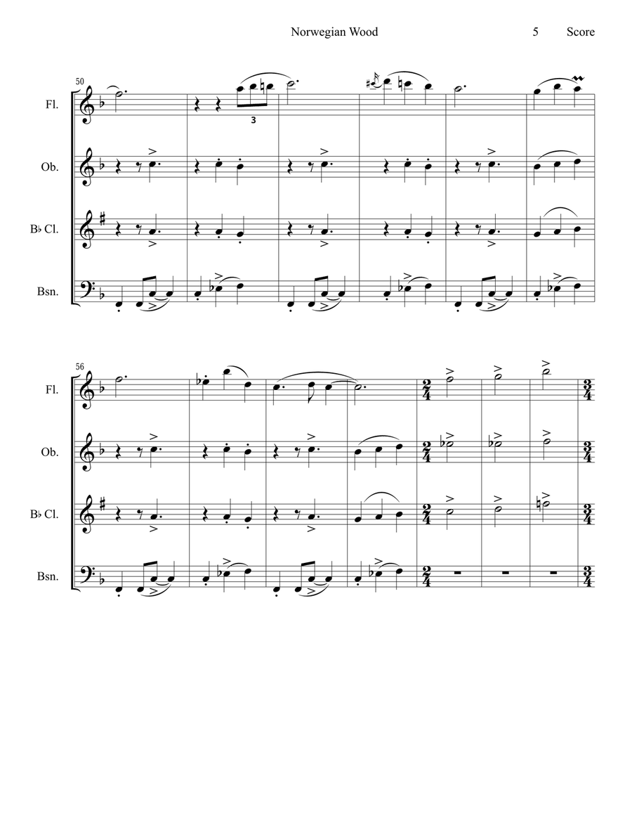 Norwegian Wood (This Bird Has Flown) Woodwind Quartet scores gallery preview page 6