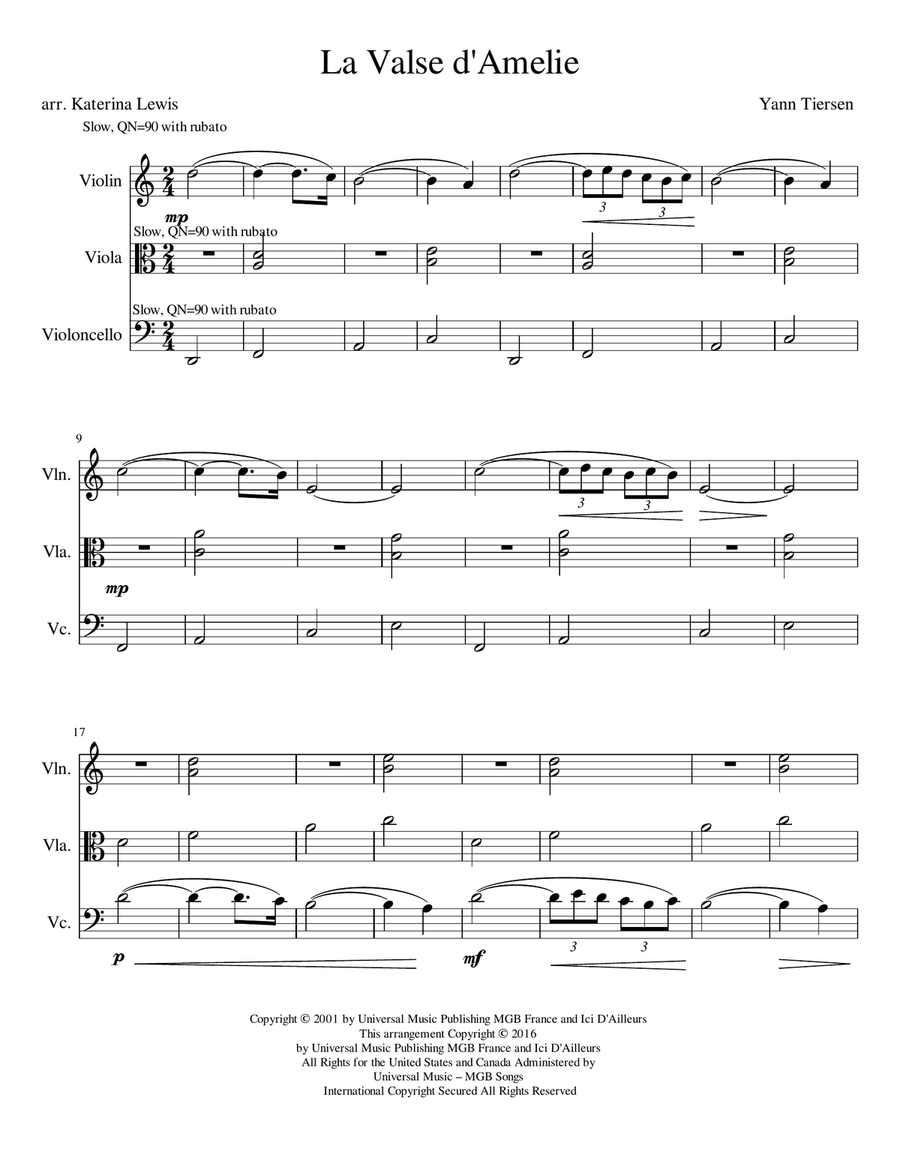 La Valse D'amelie String Trio scores gallery preview page 1