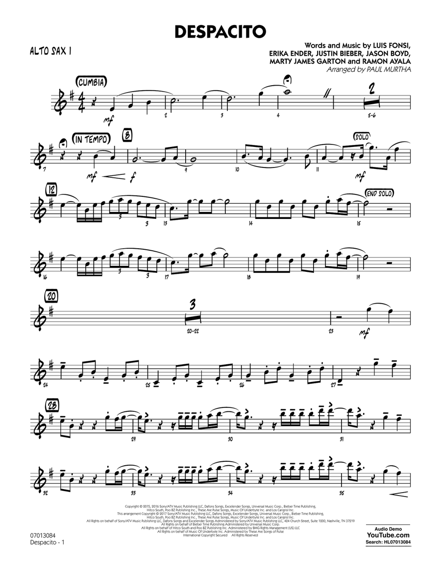 Despacito (arr. Paul Murtha) - Alto Sax 1 Jazz Ensemble scores gallery preview page 1