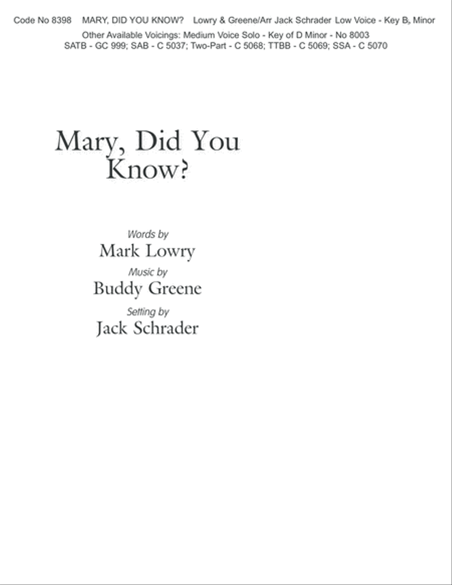 Mary, Did You Know? (Low Voice;Key of B-Flat Minor) image number null