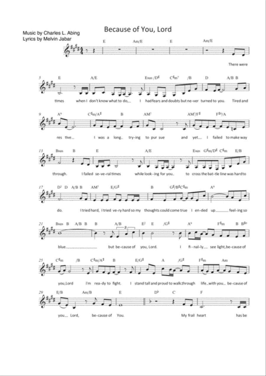 Because of You, Lord, theme song of a prayer group in Oita, Japan. Unison Choir scores gallery preview page 1