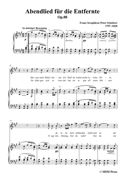 Schubert-Abendlied für die Entfernte,Op.88,in A Major,for Voice&Piano image number null