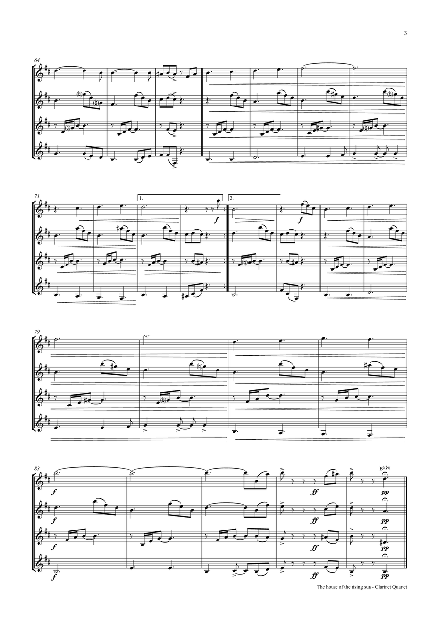 The house of the rising sun - Clarinet Quartet Clarinet Quartet scores gallery preview page 3