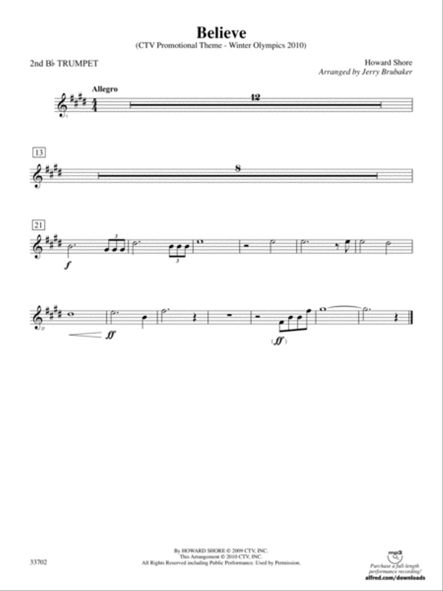 Believe (Winter Olympics 2010): 2nd B-flat Trumpet Full Orchestra scores gallery preview page 1