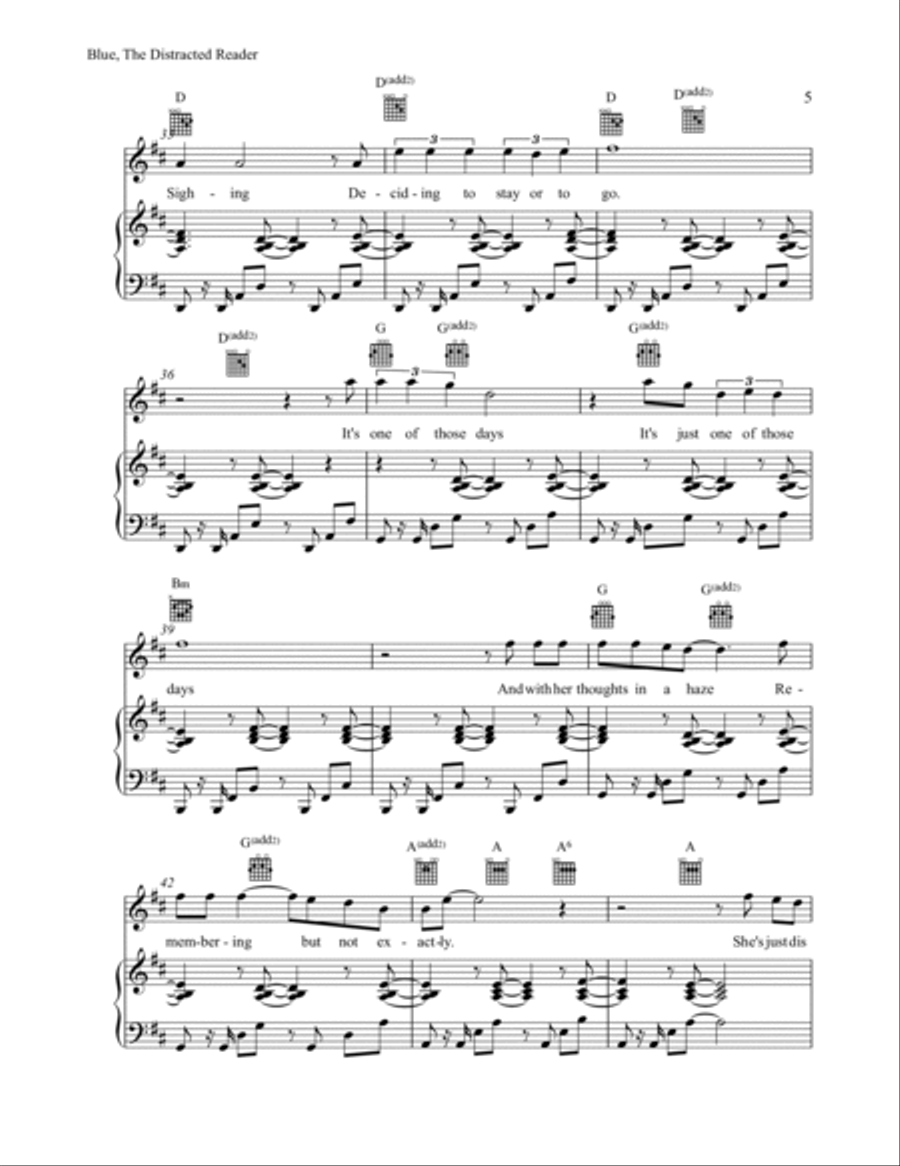 Blue, the Distracted Reader Piano, Vocal, Guitar scores gallery preview page 5
