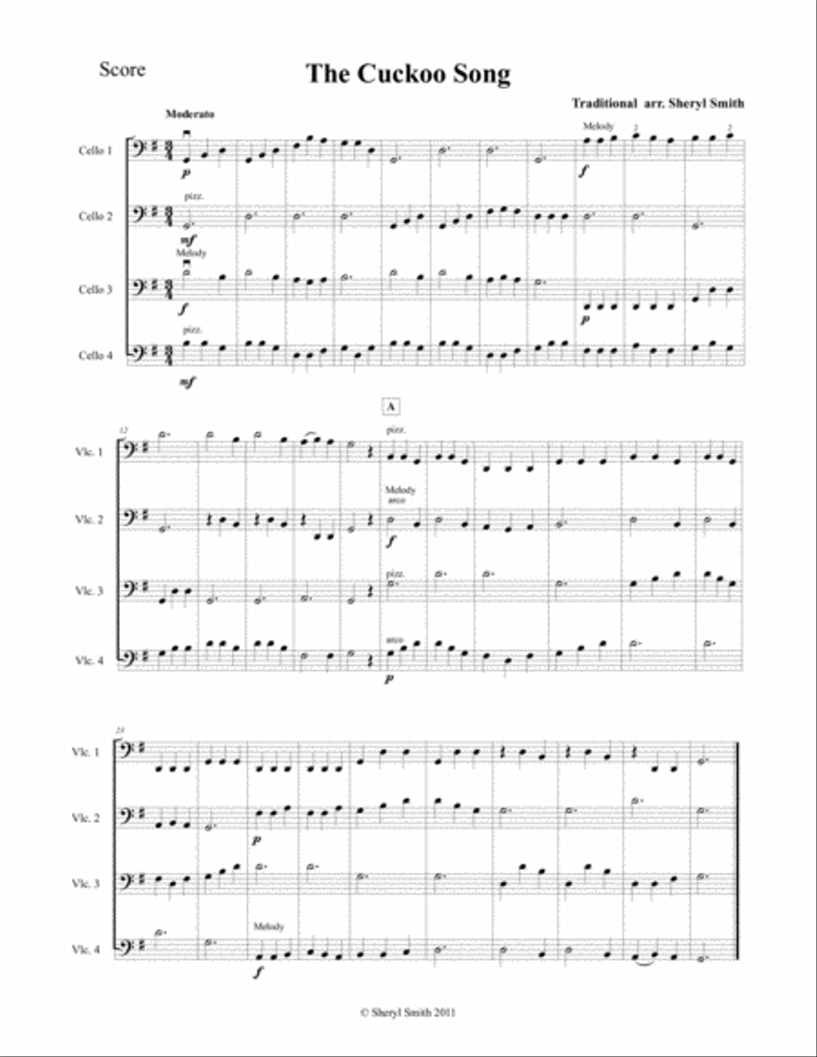 Cuckoo Song for four very beginner cellists cellos Cello scores gallery preview page 1