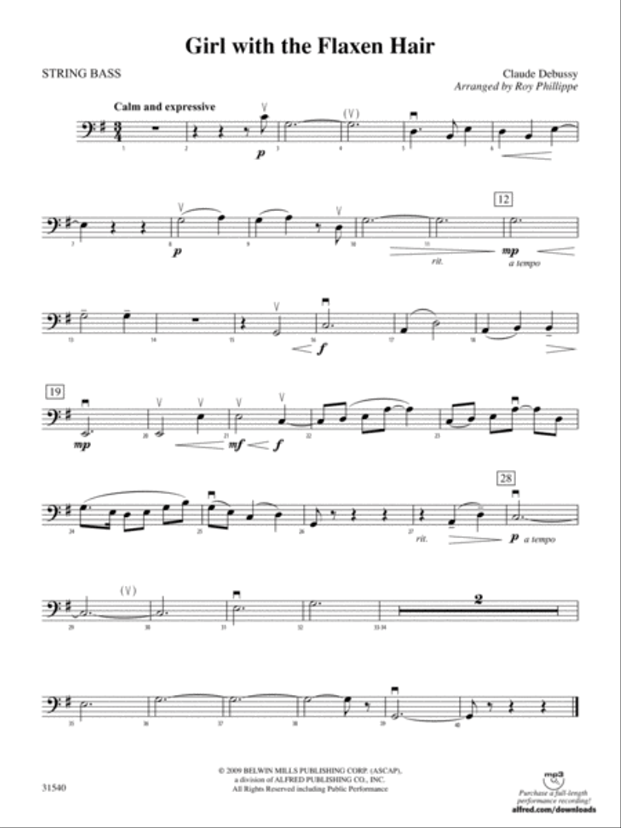 Girl with the Flaxen Hair: String Bass Full Orchestra scores gallery preview page 1