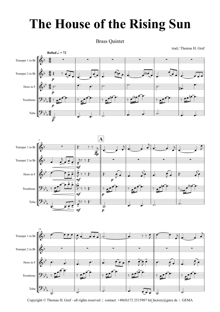 The house of the rising sun - Folk Song - Brass Quintet Brass Quintet scores gallery preview page 1