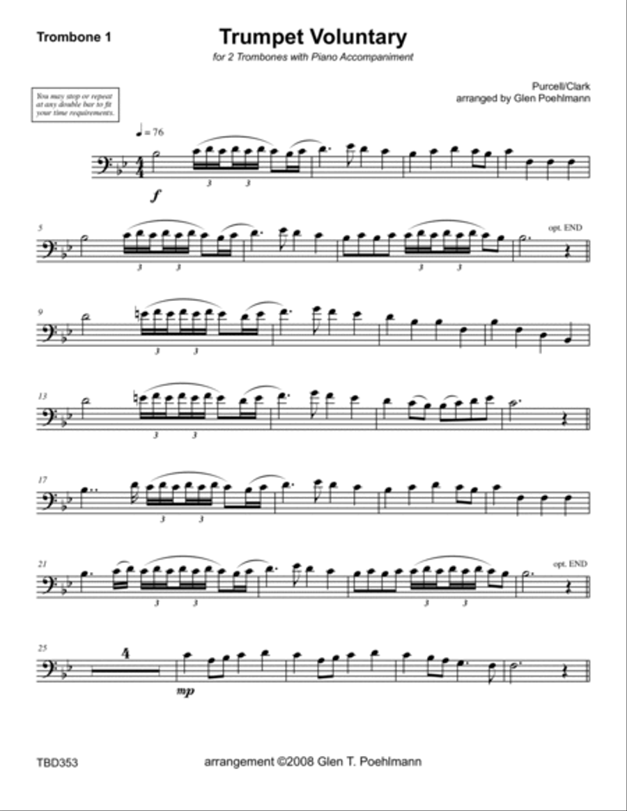 TRUMPET VOLUNTARY (Clarke - The Prince of Denmark's March) - TROMBONE DUET with Piano Accompaniment Brass Duet scores gallery preview page 5