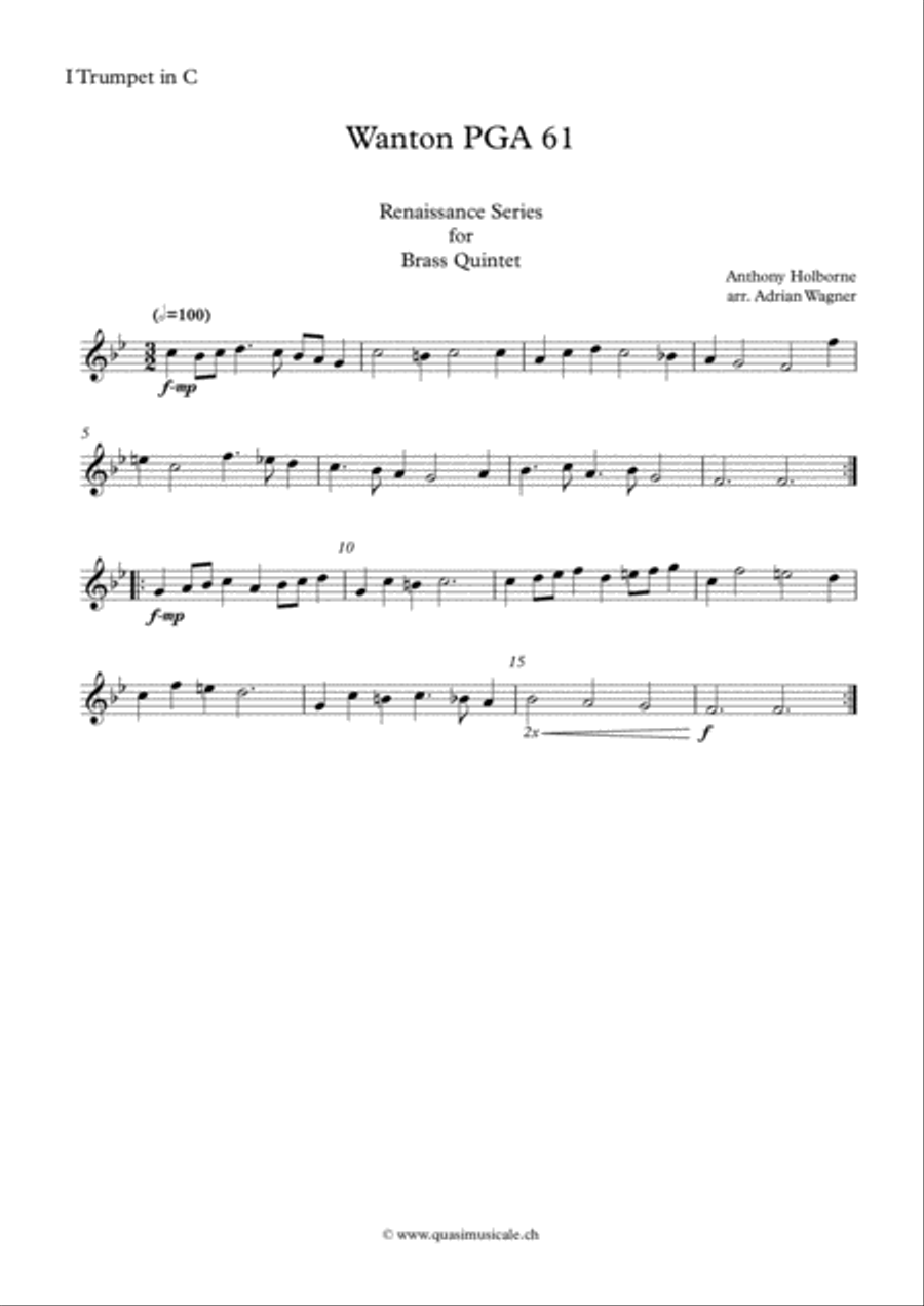 Wanton PGA 61 (Anthony Holborne) Brass Quintet arr. Adrian Wagner Brass Quintet scores gallery preview page 5