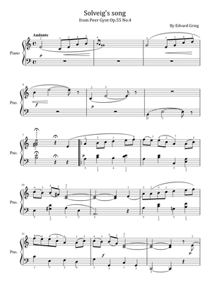 Solveig's song - from Peer Gynt Op.55 No.4 - For Easy Piano With Fingered