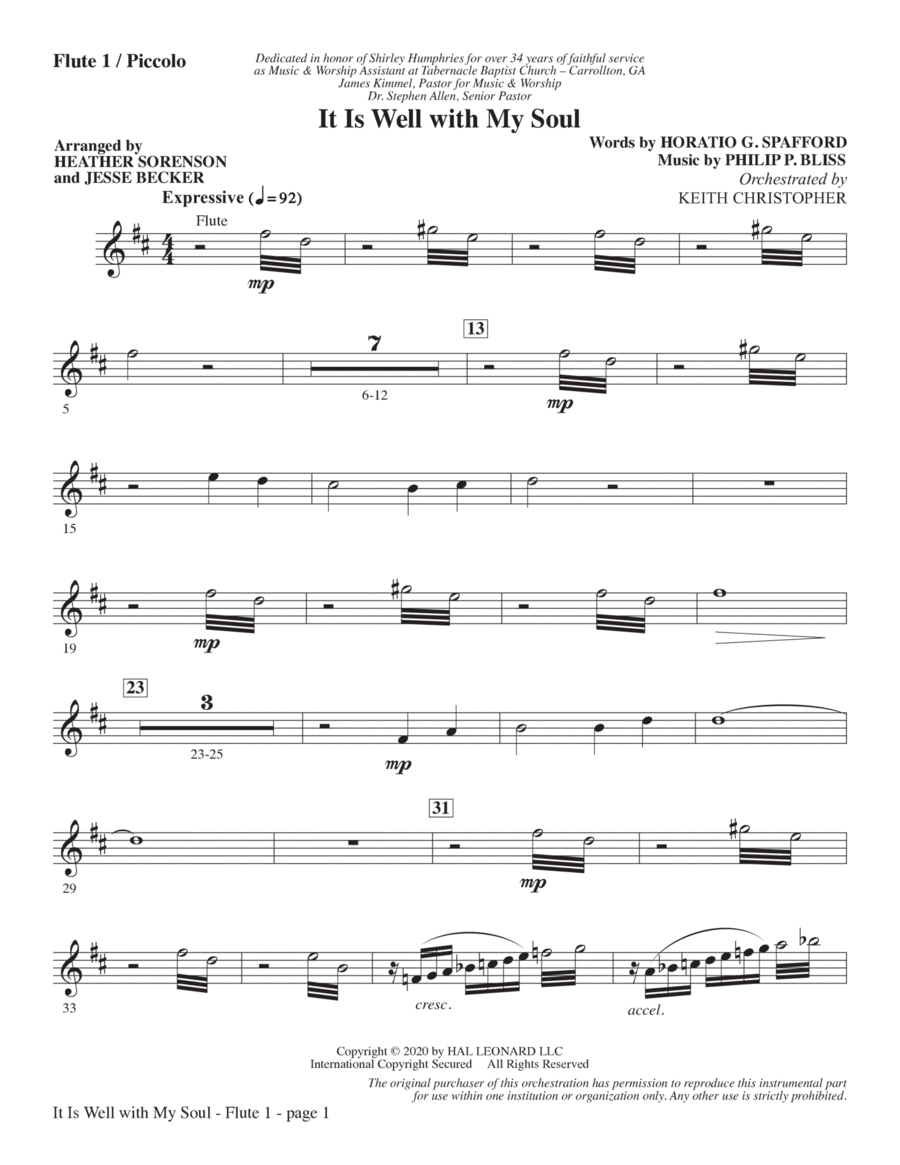 It Is Well with My Soul (arr. Heather Sorenson and Jesse Becker) - Flute 1/Piccolo