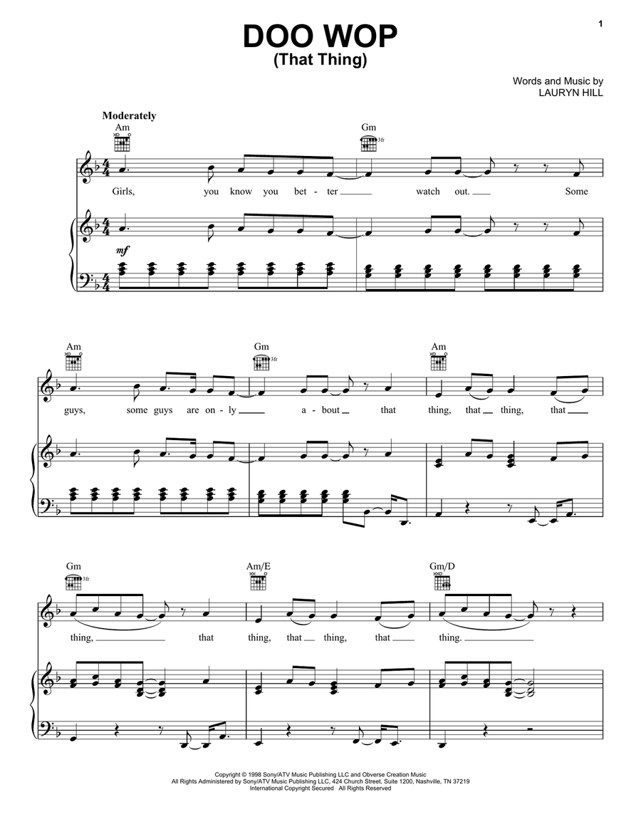 Doo Wop (That Thing) Piano, Vocal, Guitar scores gallery preview page 1