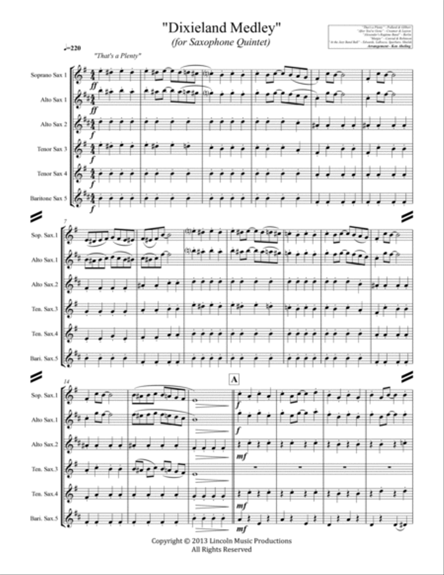 Dixieland Medley (for Saxophone Quintet SATTB or AATTB) Saxophone Quintet scores gallery preview page 2