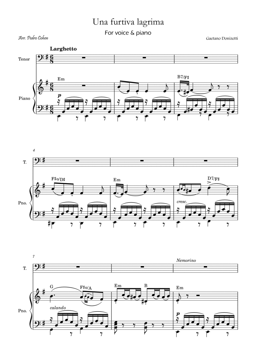 Una Furtiva Lagrima (Tenor in Em) Piano, Vocal, Guitar scores gallery preview page 1
