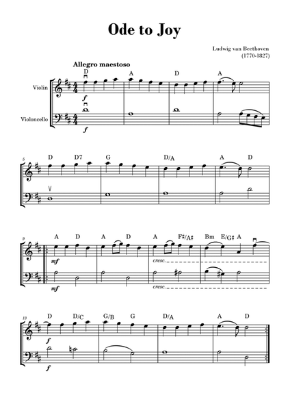 Beethoven - Ode to Joy (for Violin and Cello) - D Major with Chords image number null