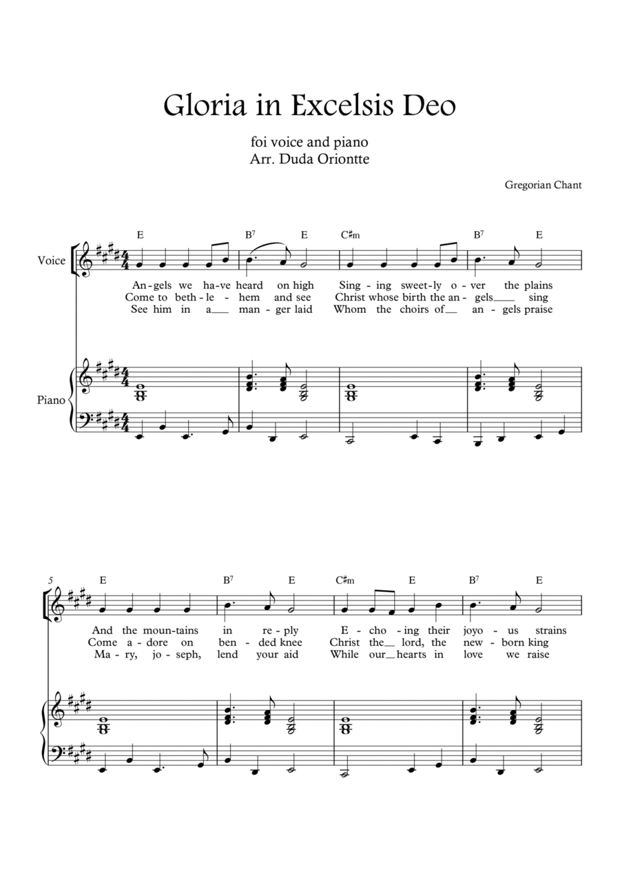 Gloria in excelsis Deo (E major - with chords - with piano) Voice scores gallery preview page 1