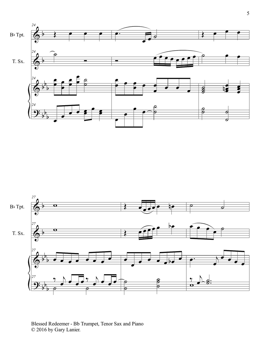 BLESSED REDEEMER (Trio – Bb Trumpet, Tenor Sax & Piano with Score/Parts) Tenor Saxophone scores gallery preview page 6