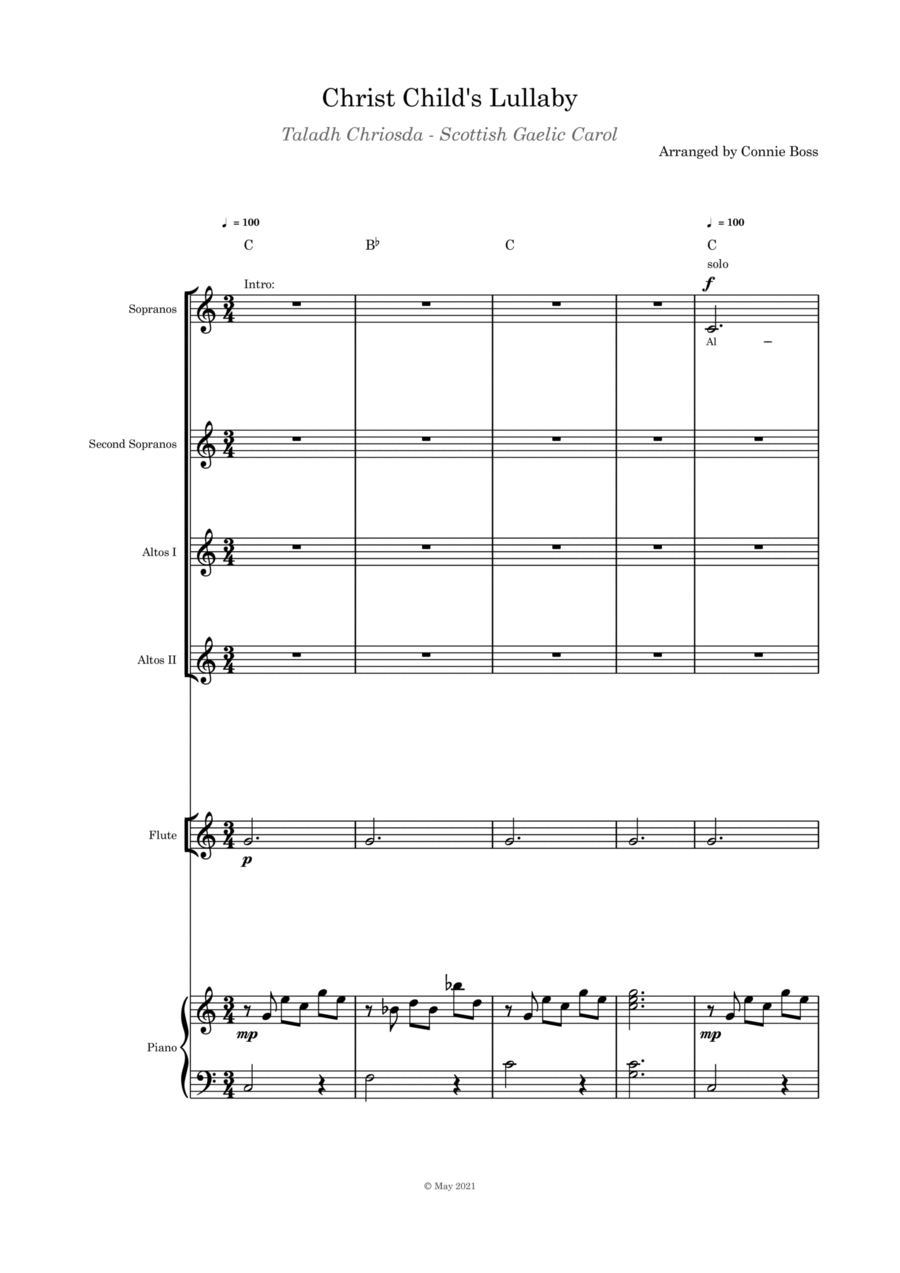 Christ Child's Lullaby (Taladh Chriosda) - Scottish Gaelic Carol-SSAA flute, cello, violin and piano SSAA scores gallery preview page 1