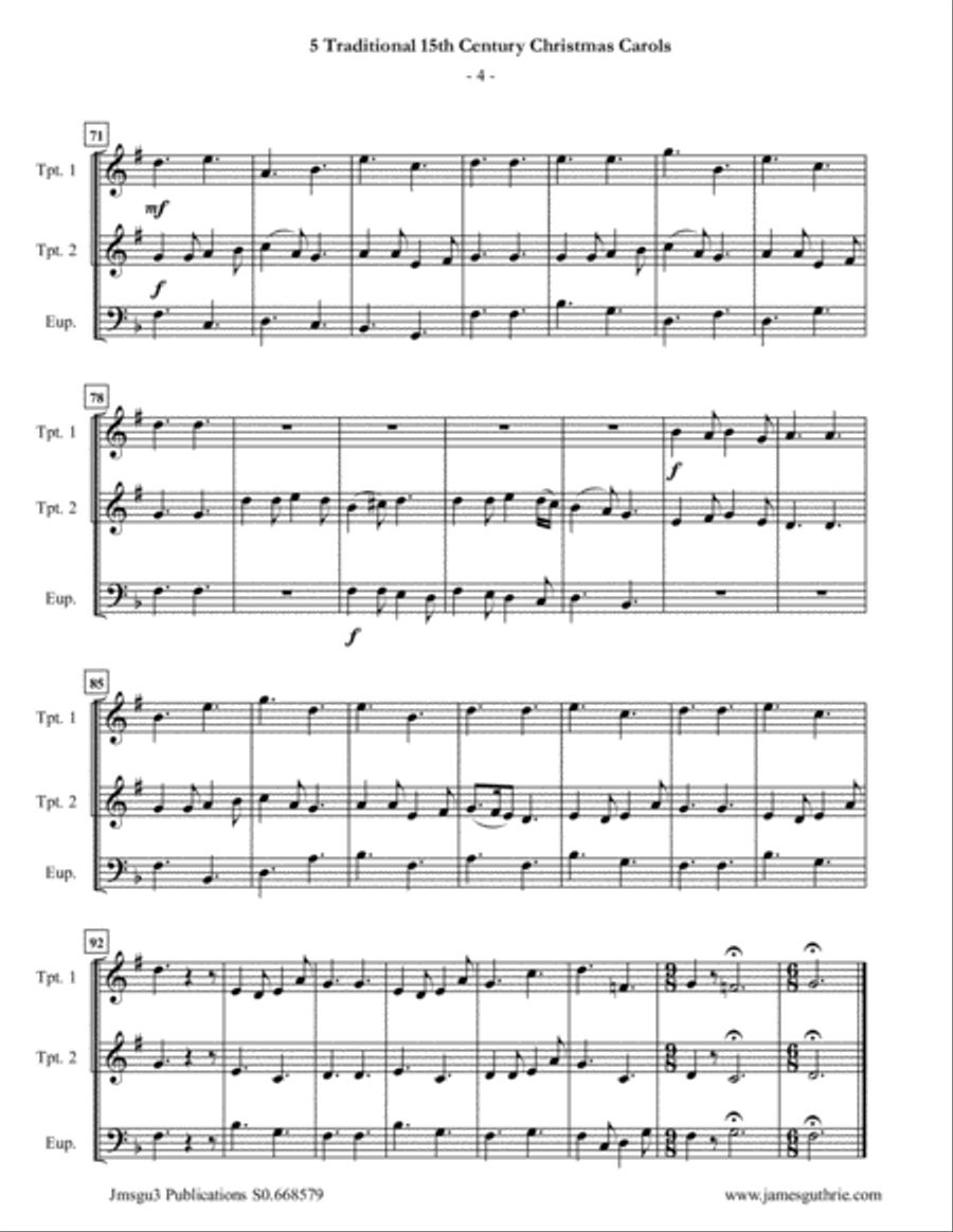 5 Traditional 15th Century Christmas Carols for Trumpet Duo & Euphonium Brass Duet scores gallery preview page 4