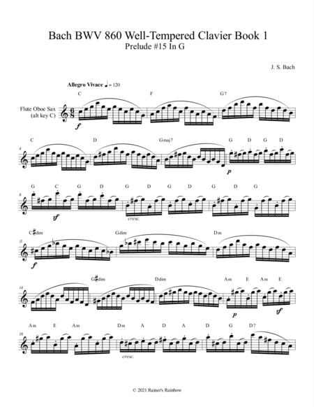 Bach BWV 860 Well Tempered Clavier Prelude 15 In G Flute Oboe or Sax Technical Study