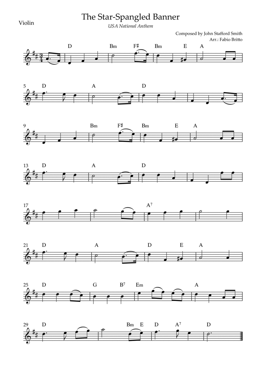 The Star Spangled Banner (USA National Anthem) for Violin Solo with Chords (D Major)