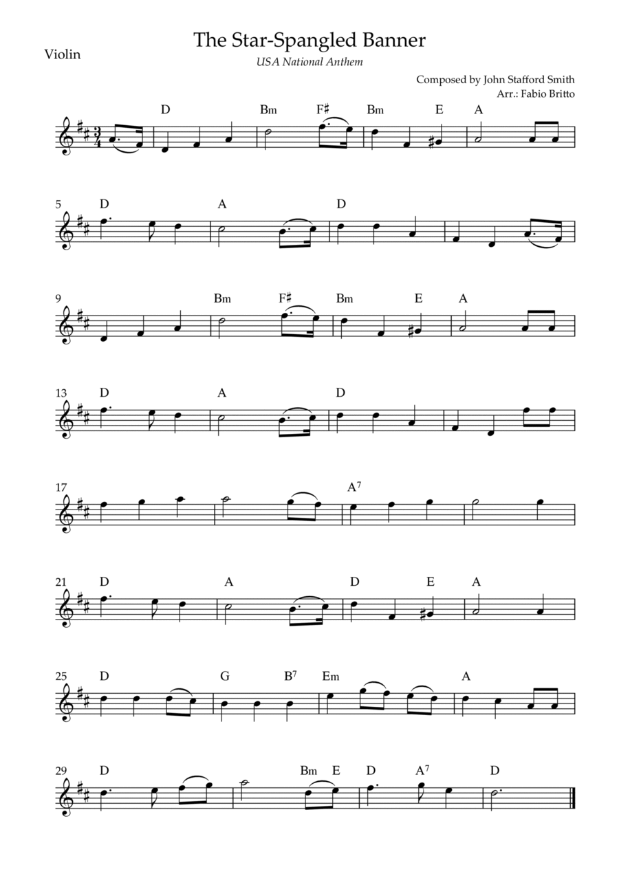 The Star Spangled Banner (USA National Anthem) for Violin Solo with Chords (D Major)