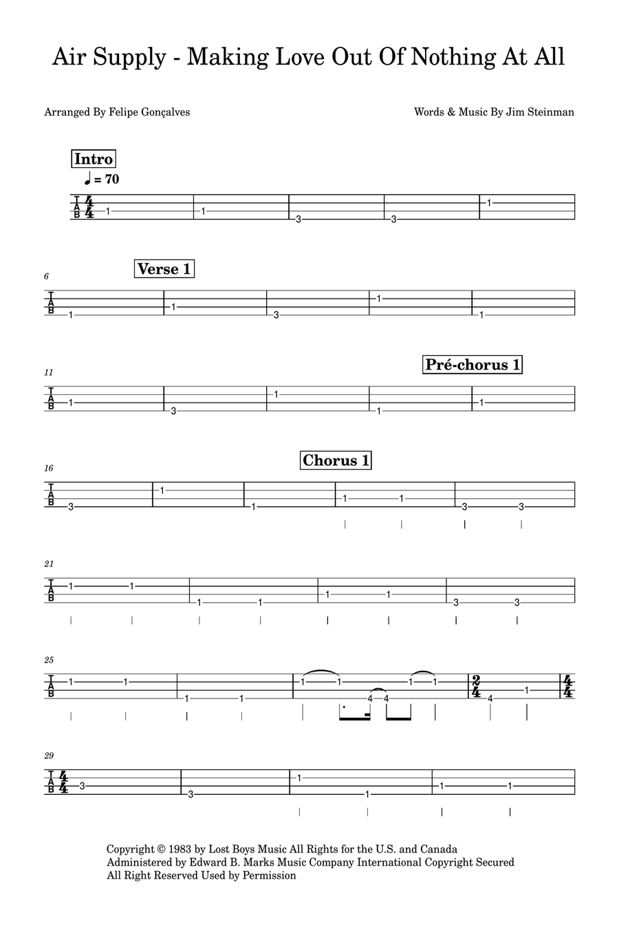 Making Love Out Of Nothing At All Bass Guitar Tablature scores gallery preview page 1