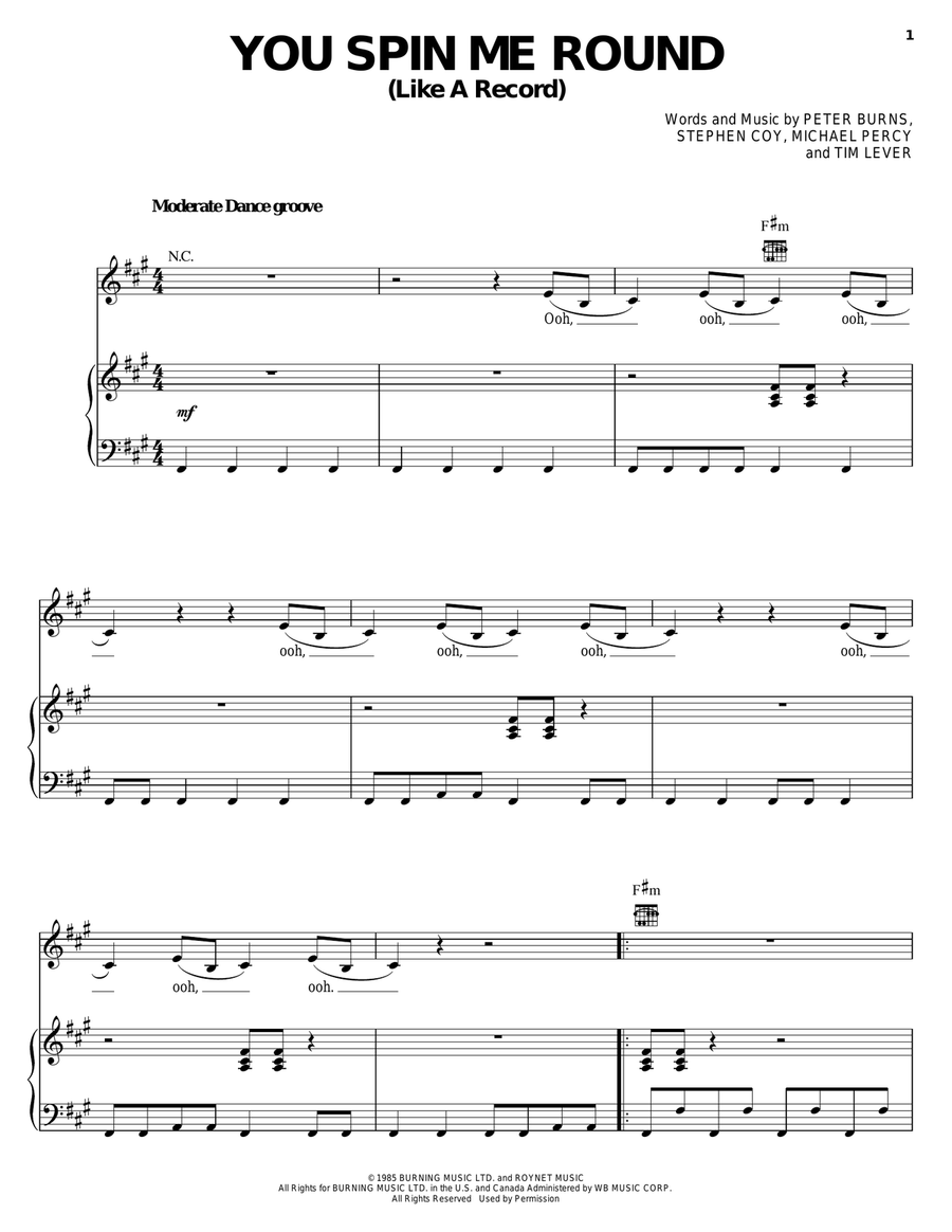 You Spin Me Round (Like A Record) Piano, Vocal, Guitar scores gallery preview page 1