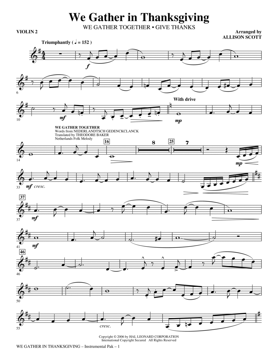 We Gather in Thanksgiving - Violin 2 Choir scores gallery preview page 1