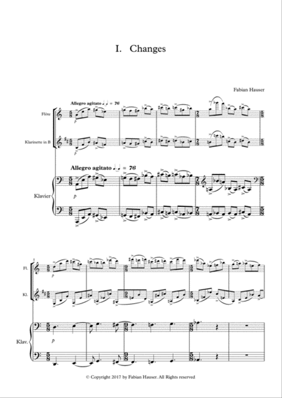 Three Scenes For Three, Trio for Flute with Bassflute, Clarinet and Piano Small Ensemble scores gallery preview page 3