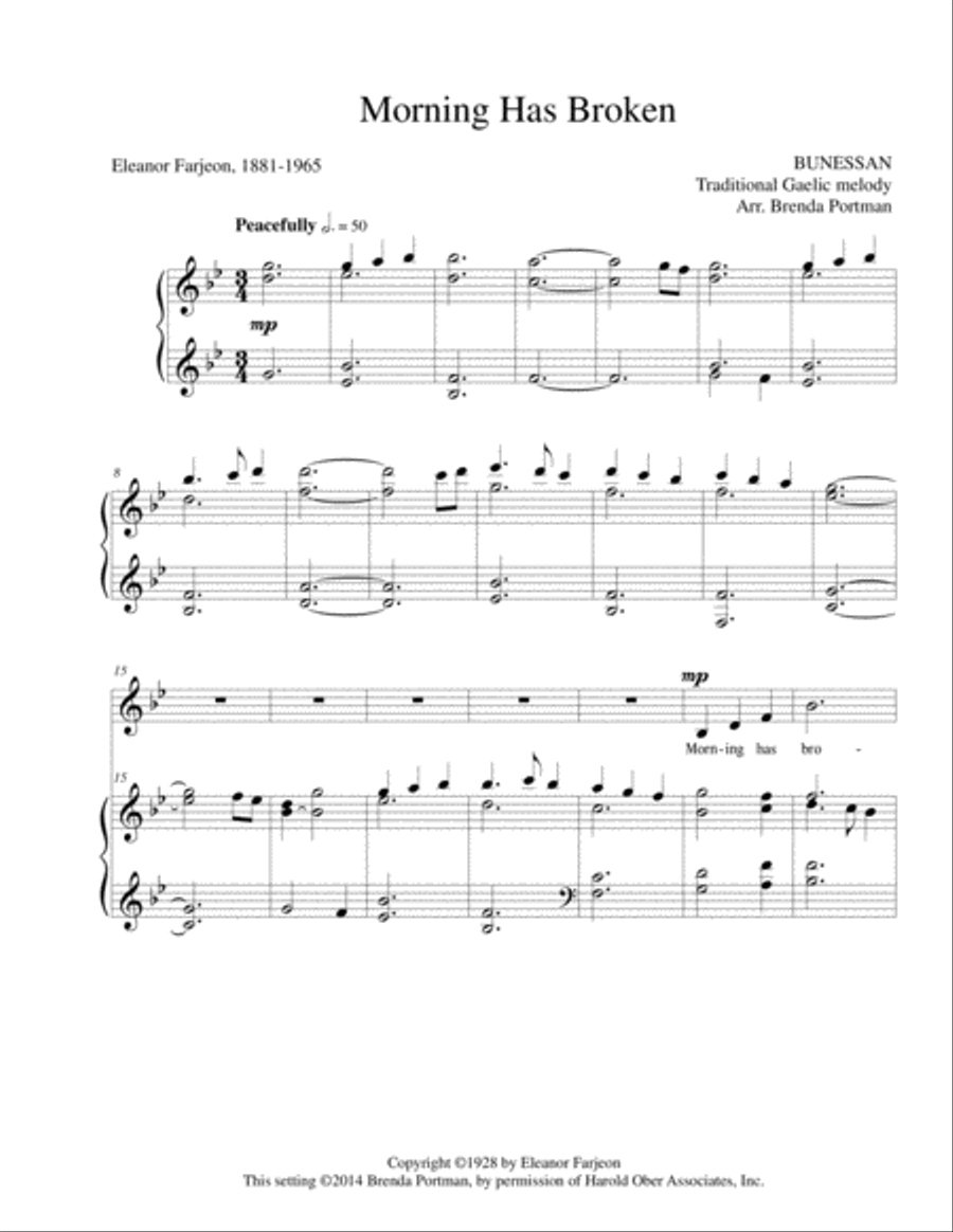 Morning Has Broken (BUNESSAN), Low Voice, arr. Brenda Portman Low Voice scores gallery preview page 1