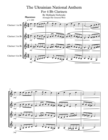 The Ukrainian National Anthem For 4 Bb Clarinets image number null