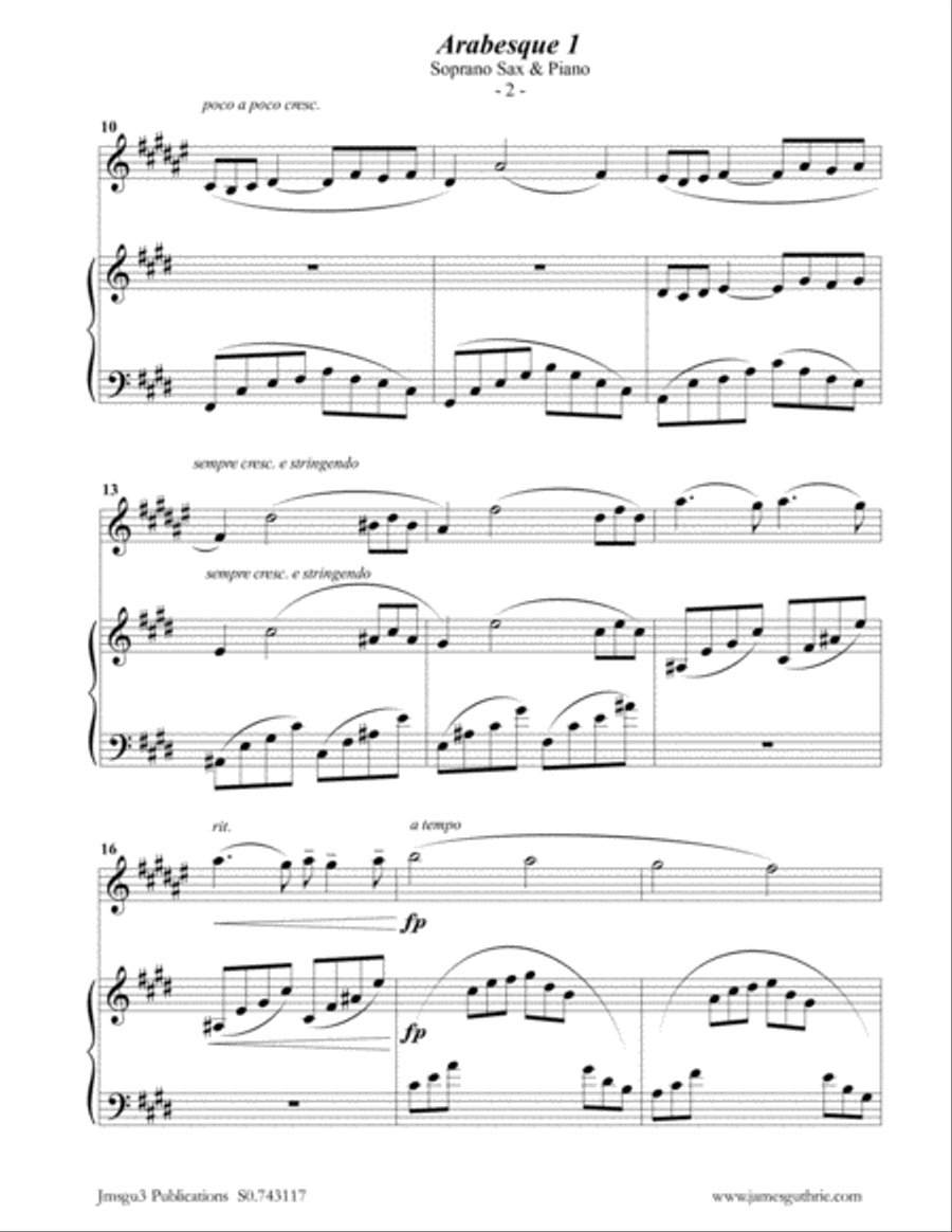 Debussy: Two Arabesques for Soprano Sax & Piano Soprano Saxophone scores gallery preview page 2