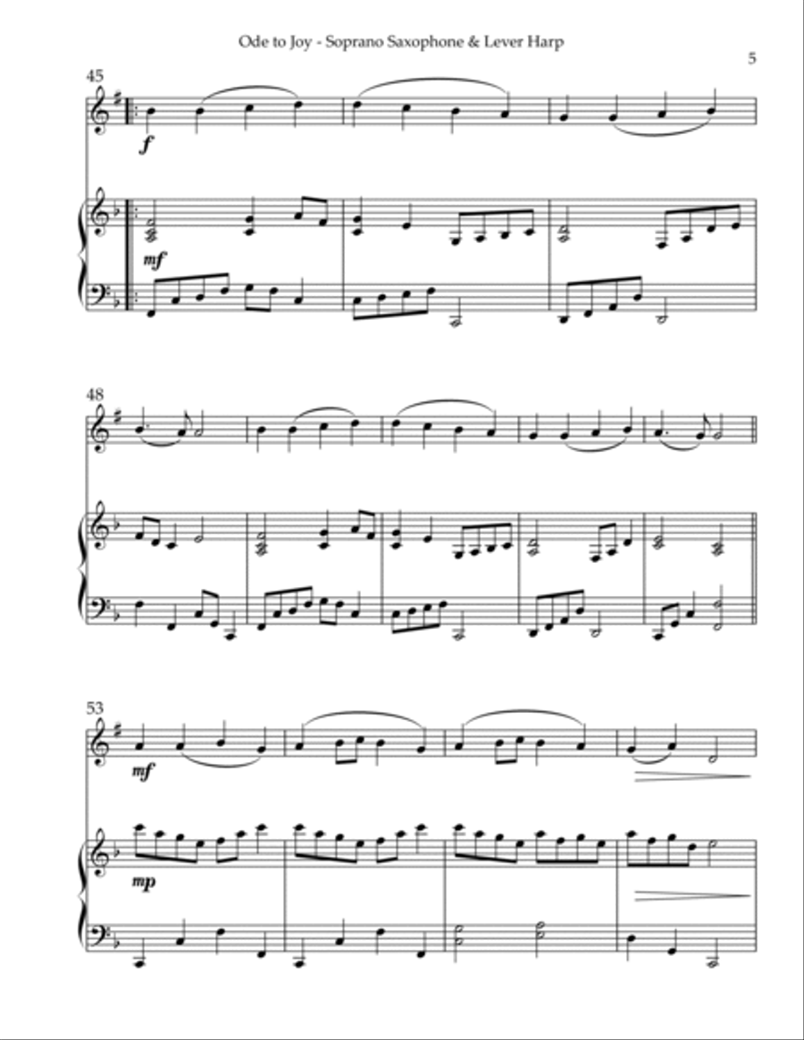 Ode to Joy, Duet for Bb Soprano Saxophone & Lever Harp Soprano Saxophone scores gallery preview page 5