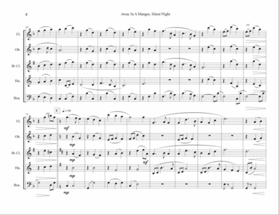 Away in a Manger, Silent Night (Woodwind Quintet) Woodwind Quintet scores gallery preview page 4