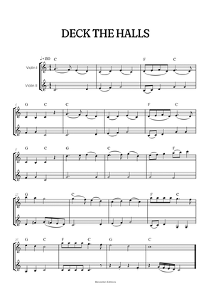 Deck the Halls for violin duet • intermediate Christmas song sheet music with chords