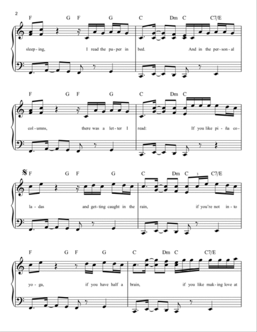 Escape (The Piña Colada Song) Easy Piano scores gallery preview page 2
