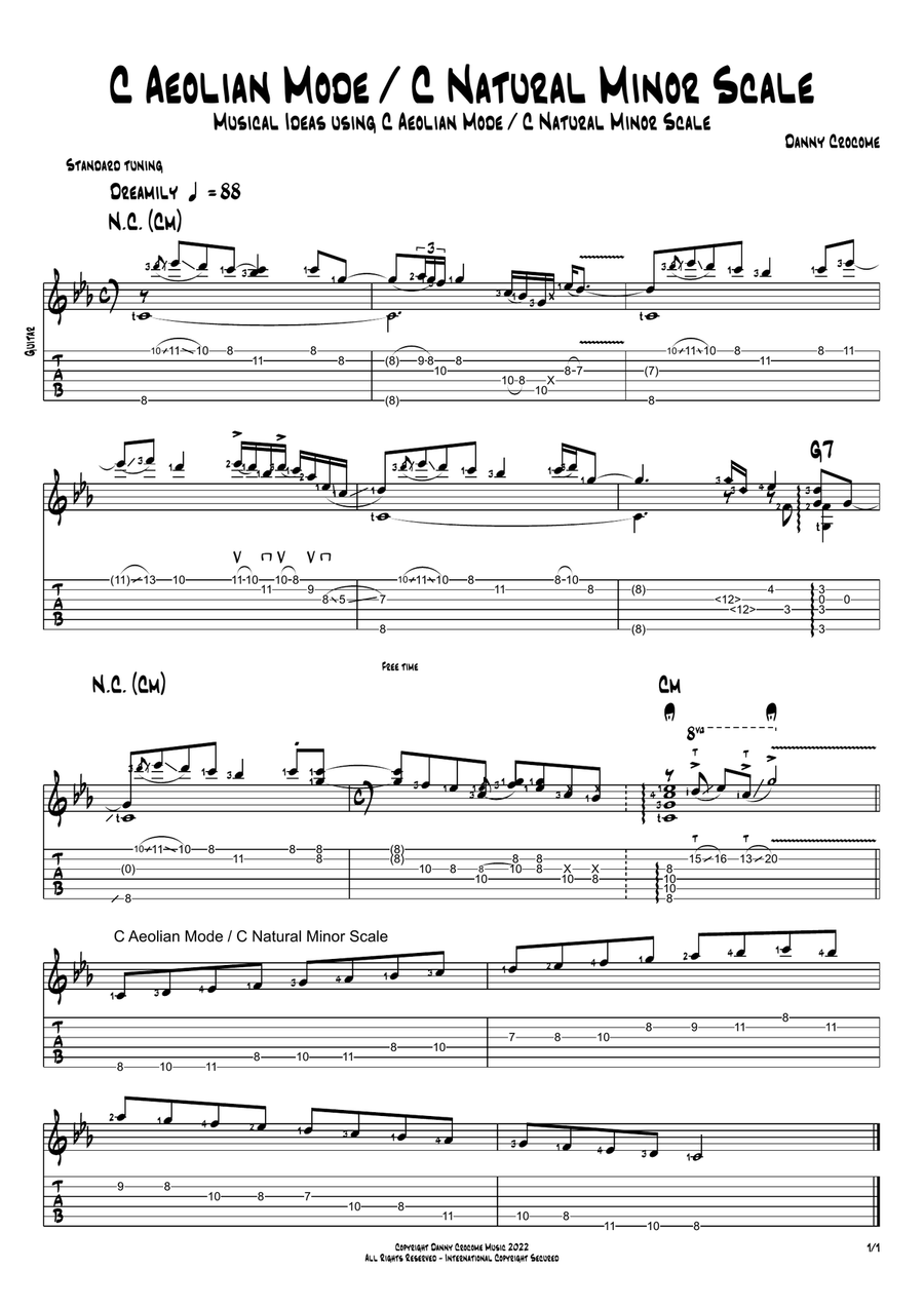 C Aeolian Mode / C Natural Minor Scale - Musical Ideas Using C Aeolian Mode / C Natural Minor Scale Electric Guitar scores gallery preview page 1
