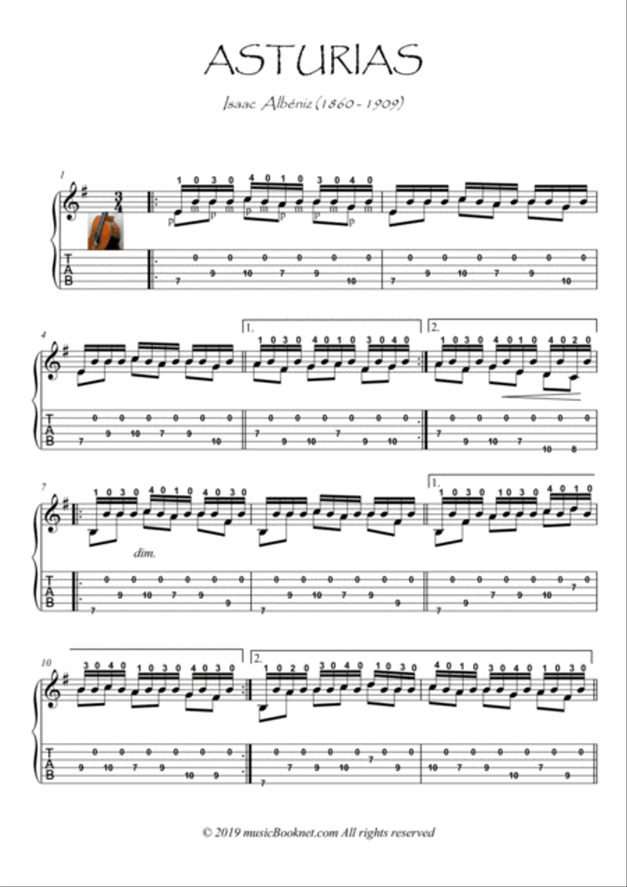 Asturias Leyenda by Albeniz guitar solo Acoustic Guitar scores gallery preview page 1