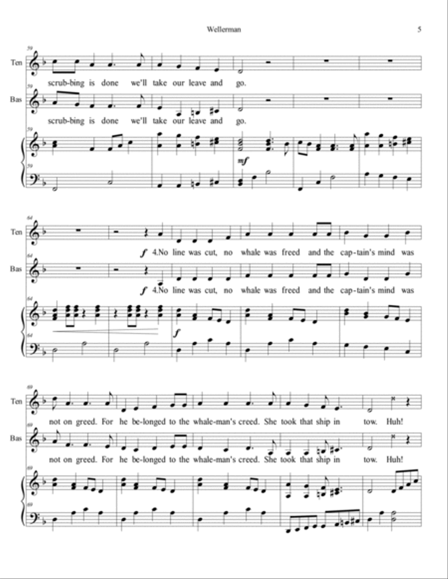 Wellerman - for TB choir and piano - with word changes to save whales in final verse TB scores gallery preview page 5