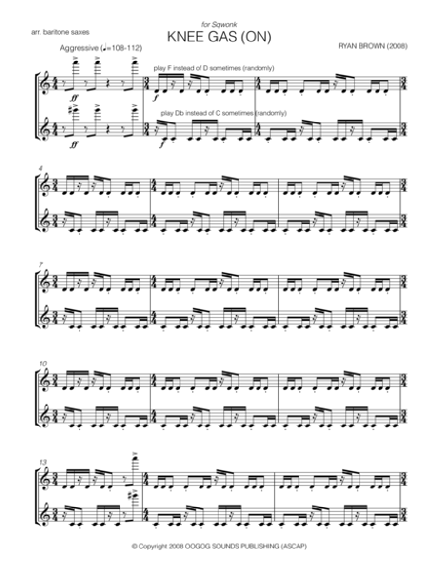 KNEE GAS (ON) for two baritone saxes Woodwind Duet scores gallery preview page 1
