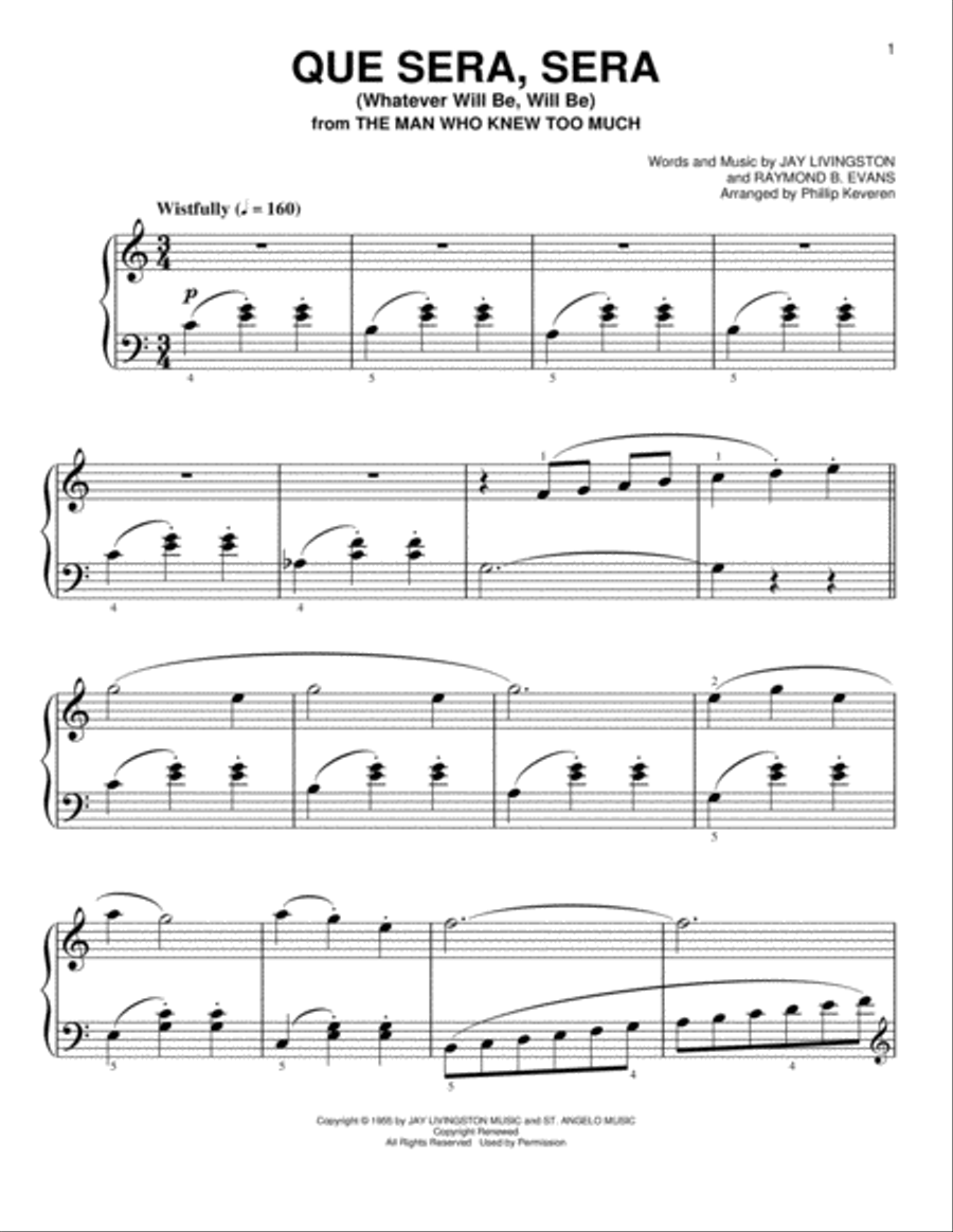 Que Sera, Sera (Whatever Will Be, Will Be) [Classical version] (arr. Phillip Keveren) Easy Piano scores gallery preview page 1